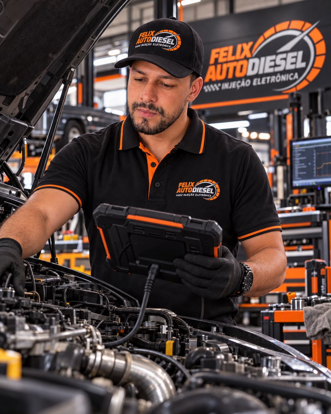 Técnico especialista avaliando sistema de injeção diesel com scanner automotivo